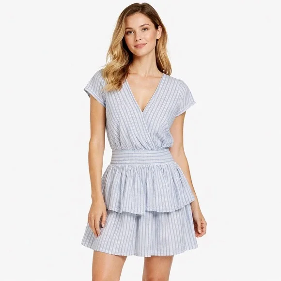 American Eagle Two Ruffle Dress Blue Stripe Size Small Deep V - Picture 1 of 7